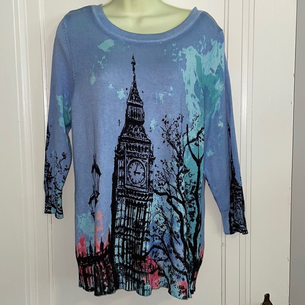 Joseph A. periwinkle blue long 3/4 sleeve sweater with Big Ben on front‎ & back